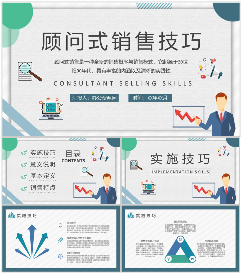 顾问式销售技巧内容总结企业员工顾问式营销策划汇报演讲PPT模板-办公资源网