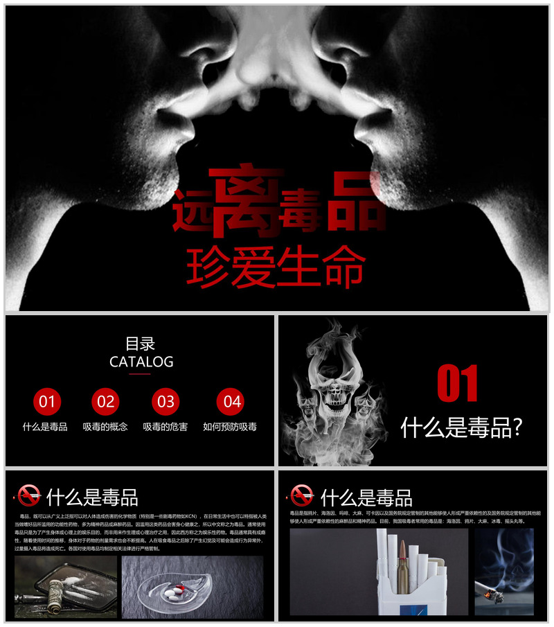 黑色大气珍爱生命远离毒品禁毒教育宣传PPT模板-办公资源网