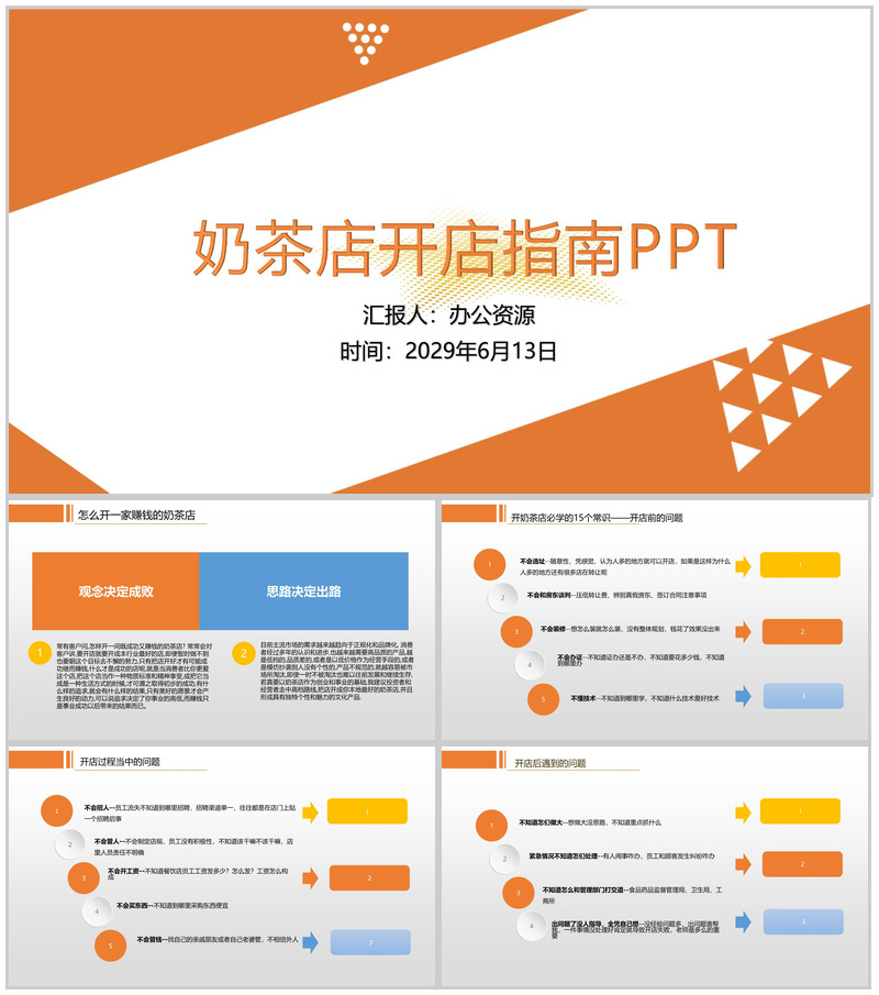 橙黄色几何简约奶茶店新手开店指南及投资创业方案大学生创业PPT-办公资源网