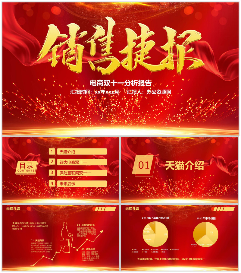 双十一狂欢节！喜庆大气电商销售分析总结报告PPT模板-办公资源网