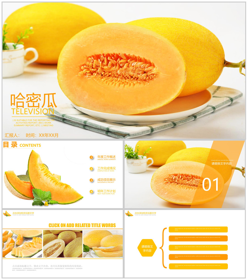 哈密瓜水果介绍工作汇报PPT模板-办公资源网