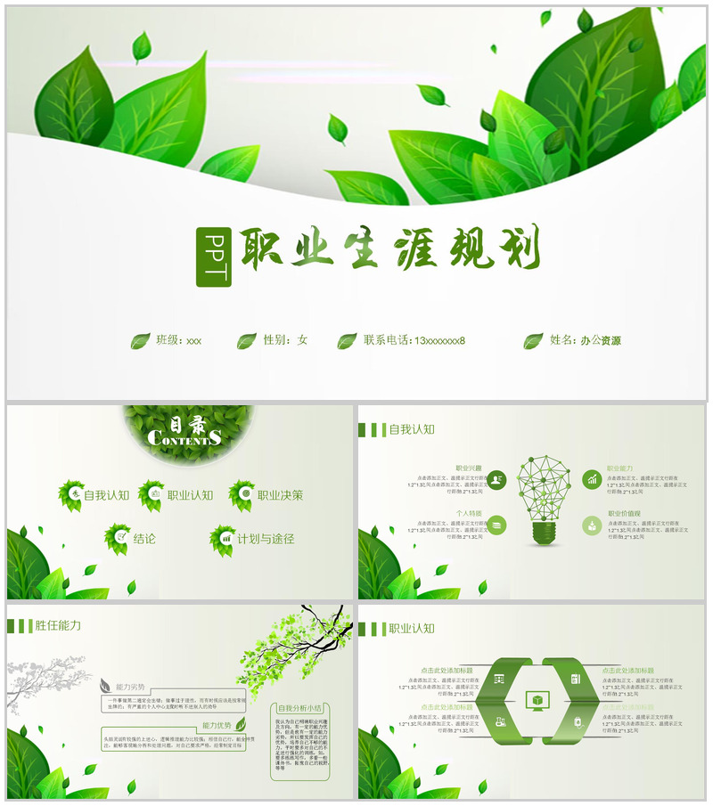绿叶清新职业生涯规划PPT模板-办公资源网
