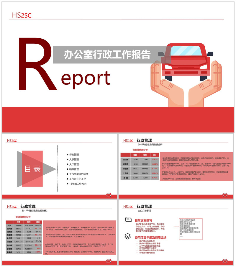 红白简洁二手市场行政人事工作报告PPT模板-办公资源网