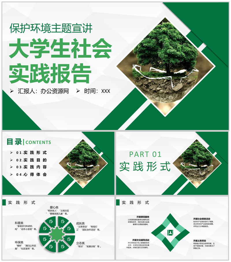 保护环境主题知识宣讲大学生社会实践报告专用PPT模板-办公资源网