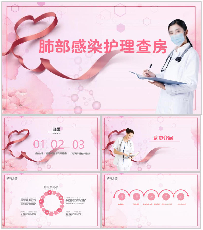 粉色护士医疗肺部感染护理查房PPT模版-办公资源网