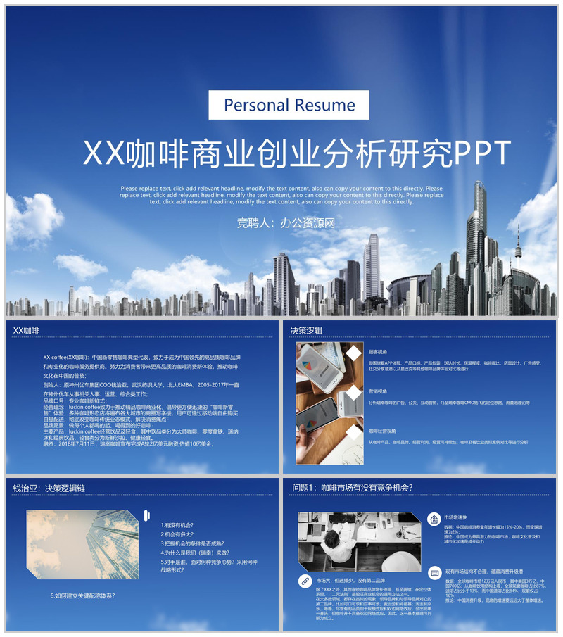 蓝色简约商务XX咖啡商业创业分析研究PPT模板-办公资源网