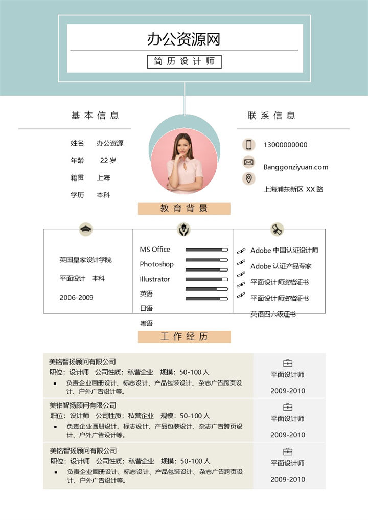 小清新双页应届毕业生求职应聘简历Word模板-办公资源网