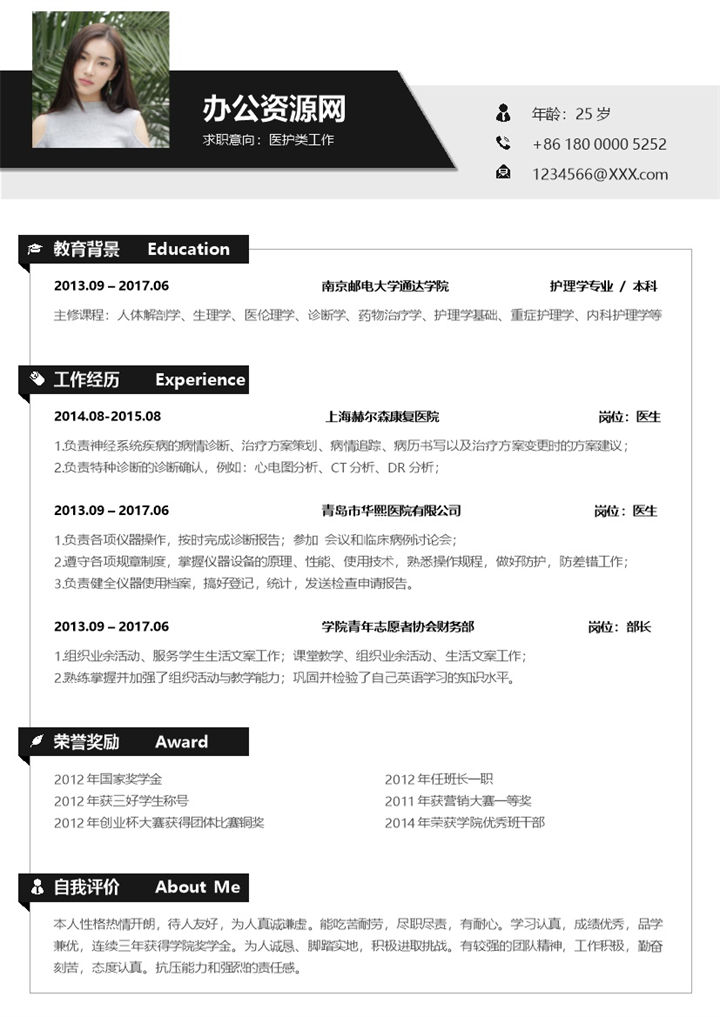 黑色商务风医护类工作个人简历Word模板-办公资源网