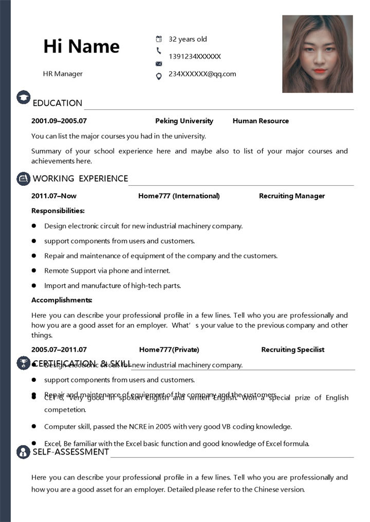 黑色商务风格人事主管英文求职简历Word模板-办公资源网