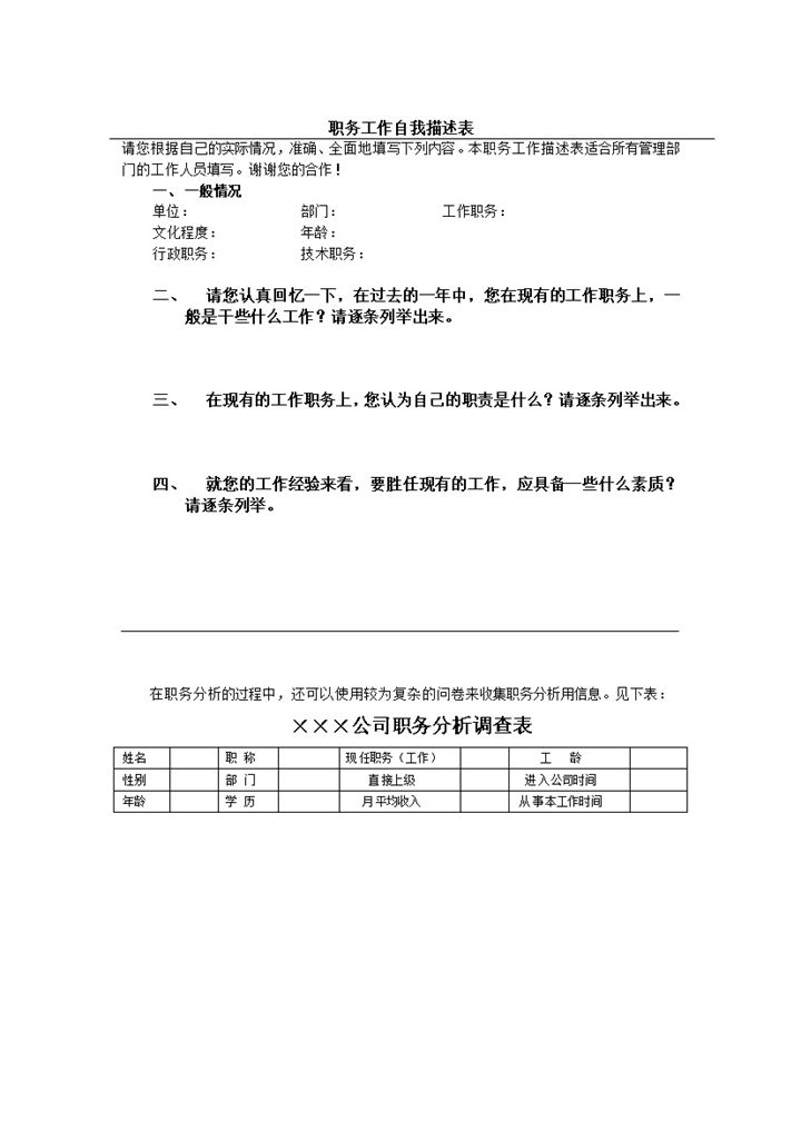 公司职务分析调查工作自我描述表Word模板-办公资源网