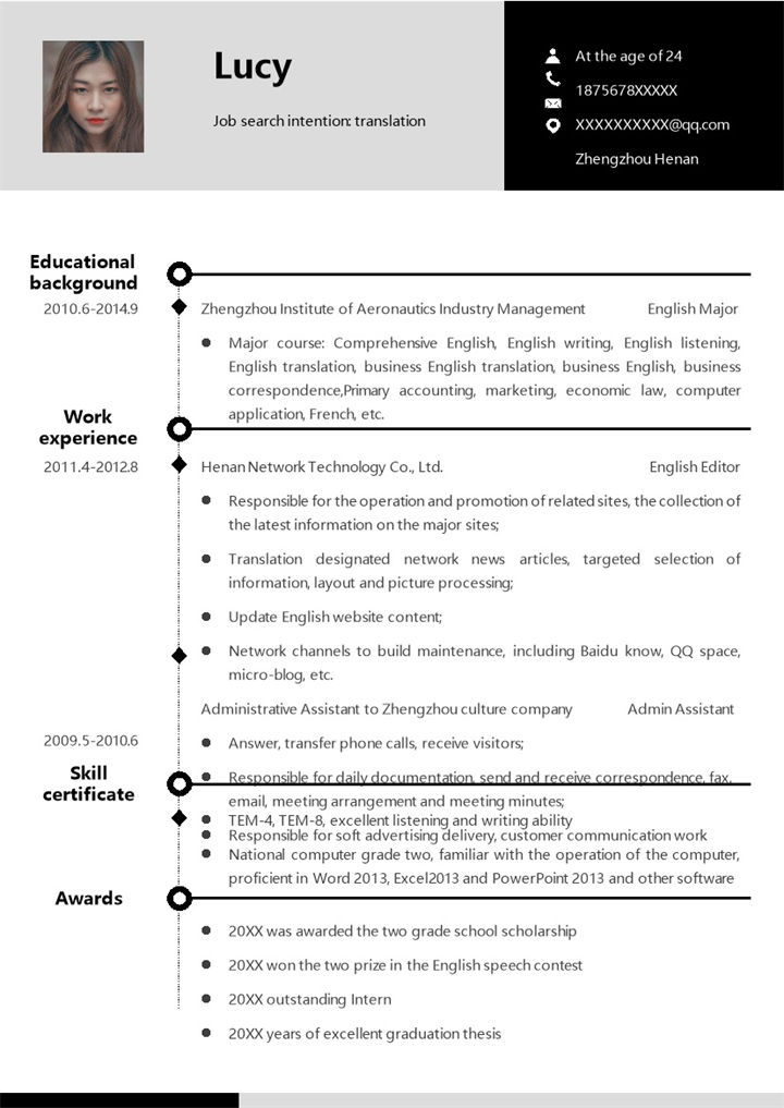 黑白商务风格国际翻译专业求职英文简历Word模板-办公资源网