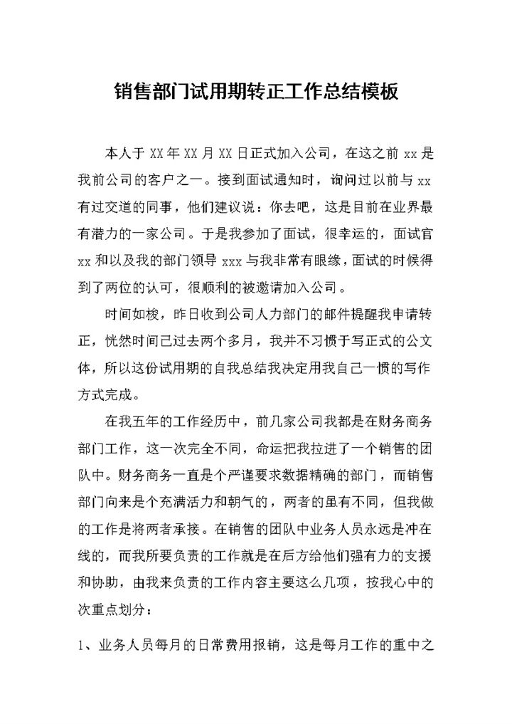 销售部门试用期转正年终工作总结Word模板-办公资源网