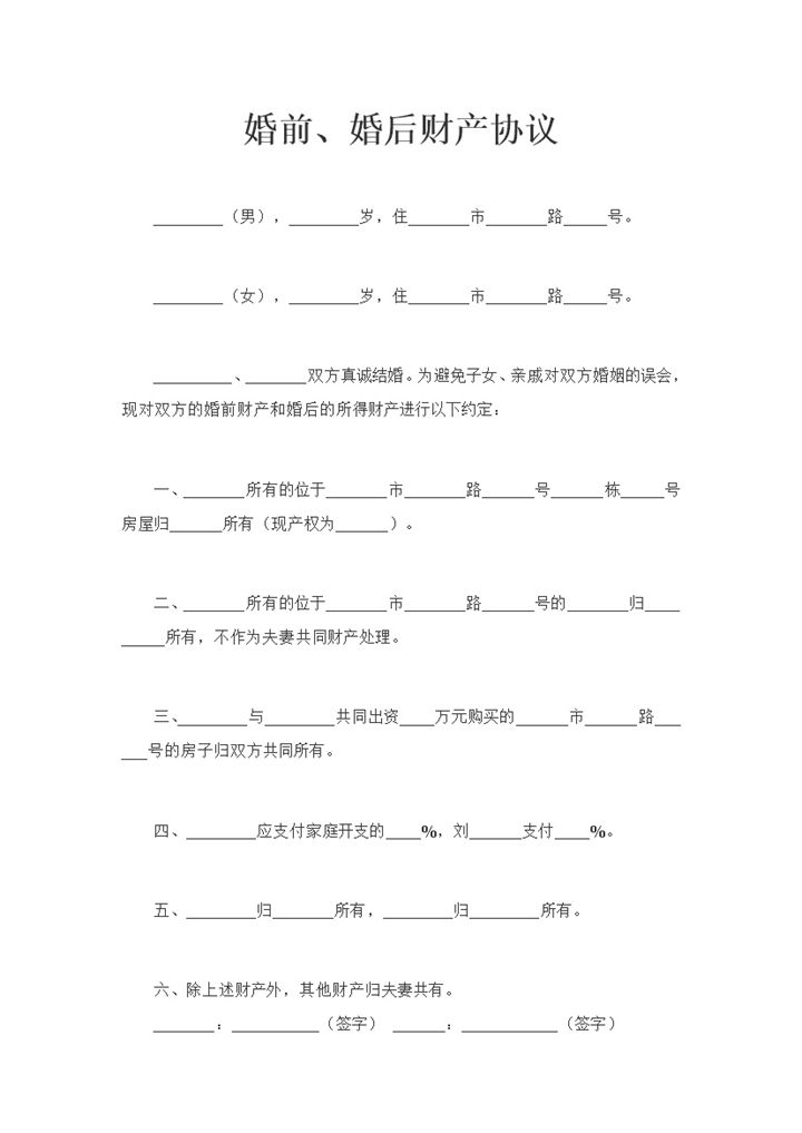 关于合法夫妻的婚前婚后财产协议书Word模板-办公资源网