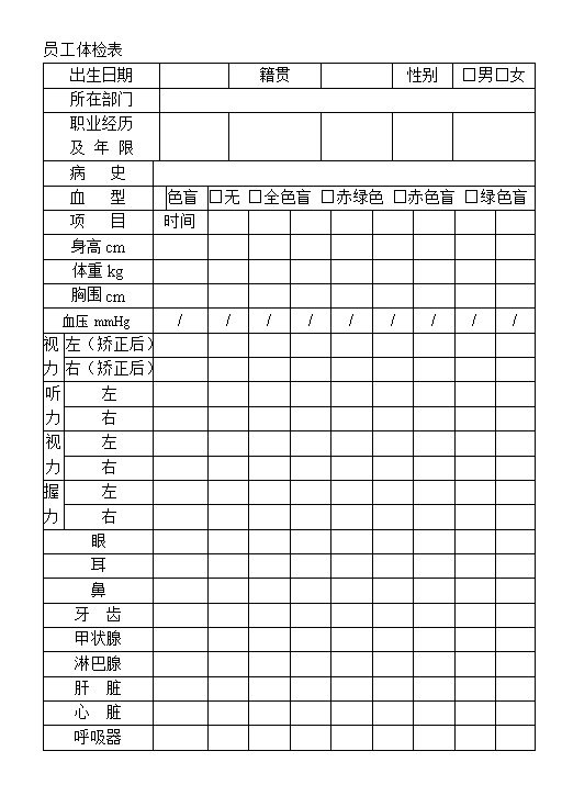 企业员工入职体检项目表Word模板-办公资源网