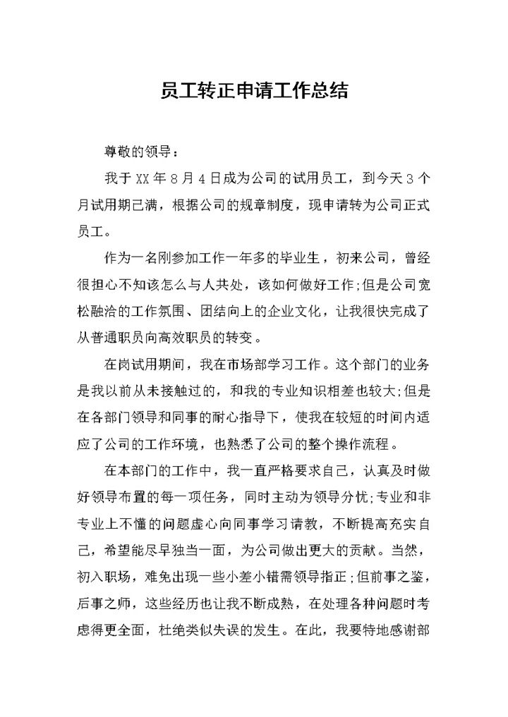 市场部员工转正申请工作总结年终总结Word模板-办公资源网