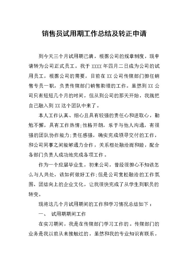 销售员试用期工作年终总结及转正申请Word模板-办公资源网