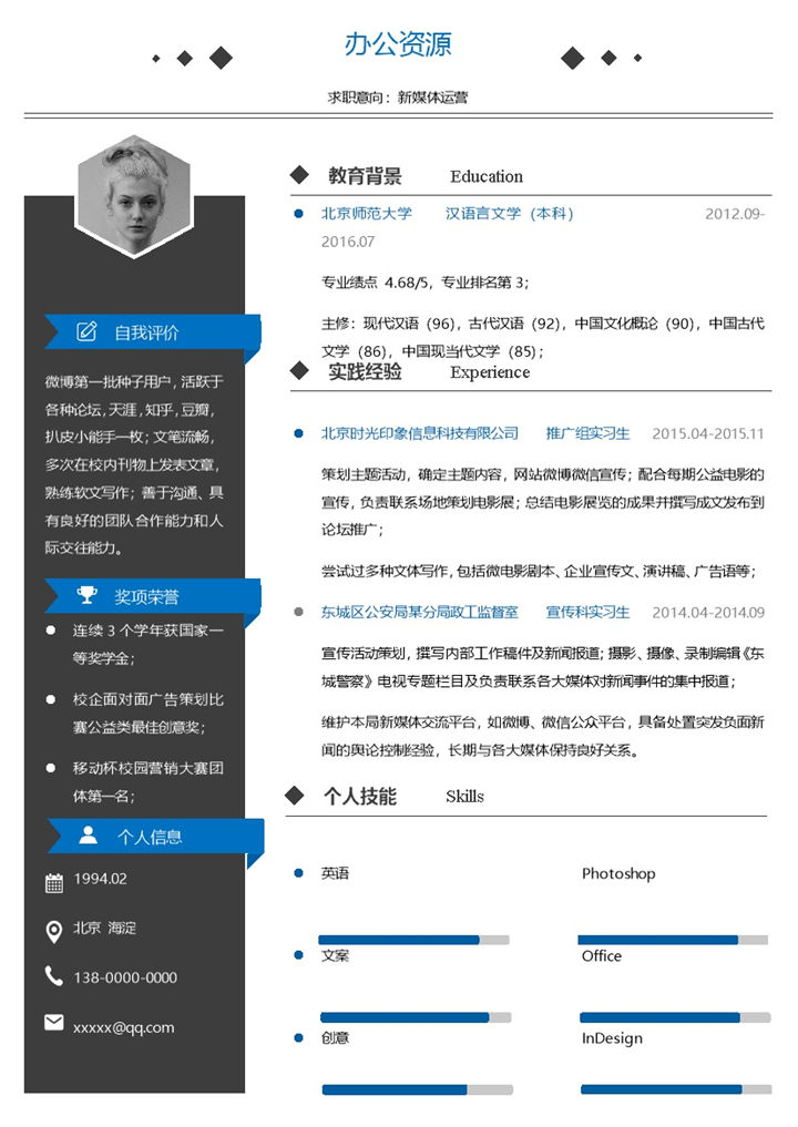 应届毕业生新媒体运营求职简历Word模板-办公资源网