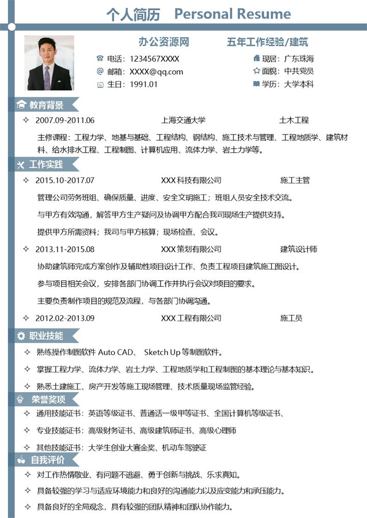 白色简约风格施工主管个人求职简历Word模板-办公资源网