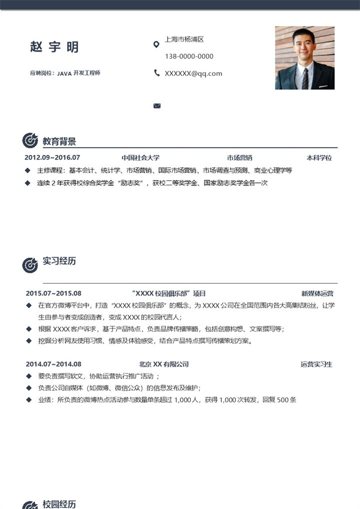 简约JAVA开发工程师个人工作简历Word模板-办公资源网