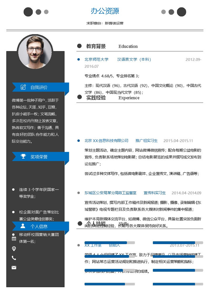 新媒体运营专员宣传推广专员通用个人简历求职简历Word模板-办公资源网
