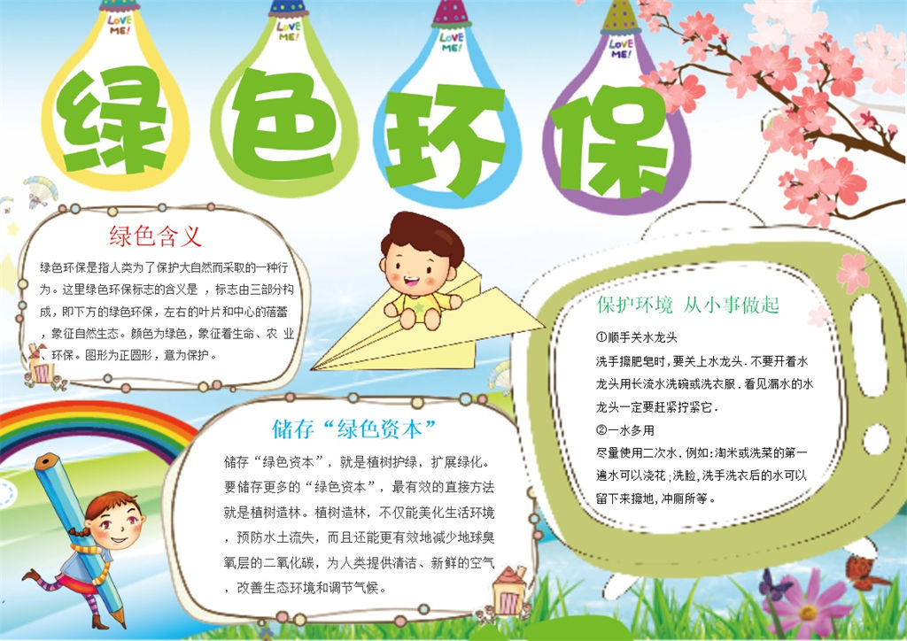 卡通人物绿色环保手抄报Word模板-办公资源网