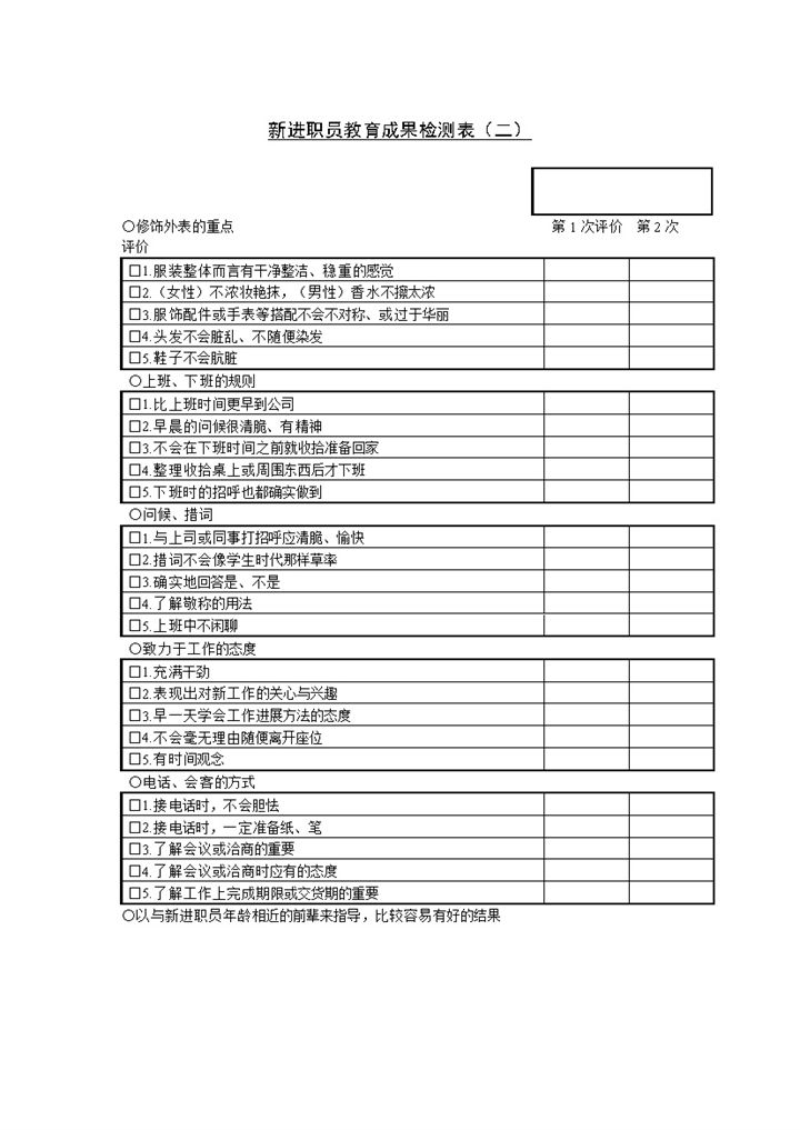 公司新进职员教育成果检测表Word模板-办公资源网