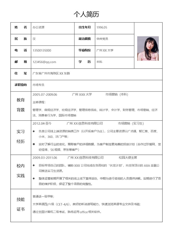 白色简约表格式个人简历Word模板-办公资源网