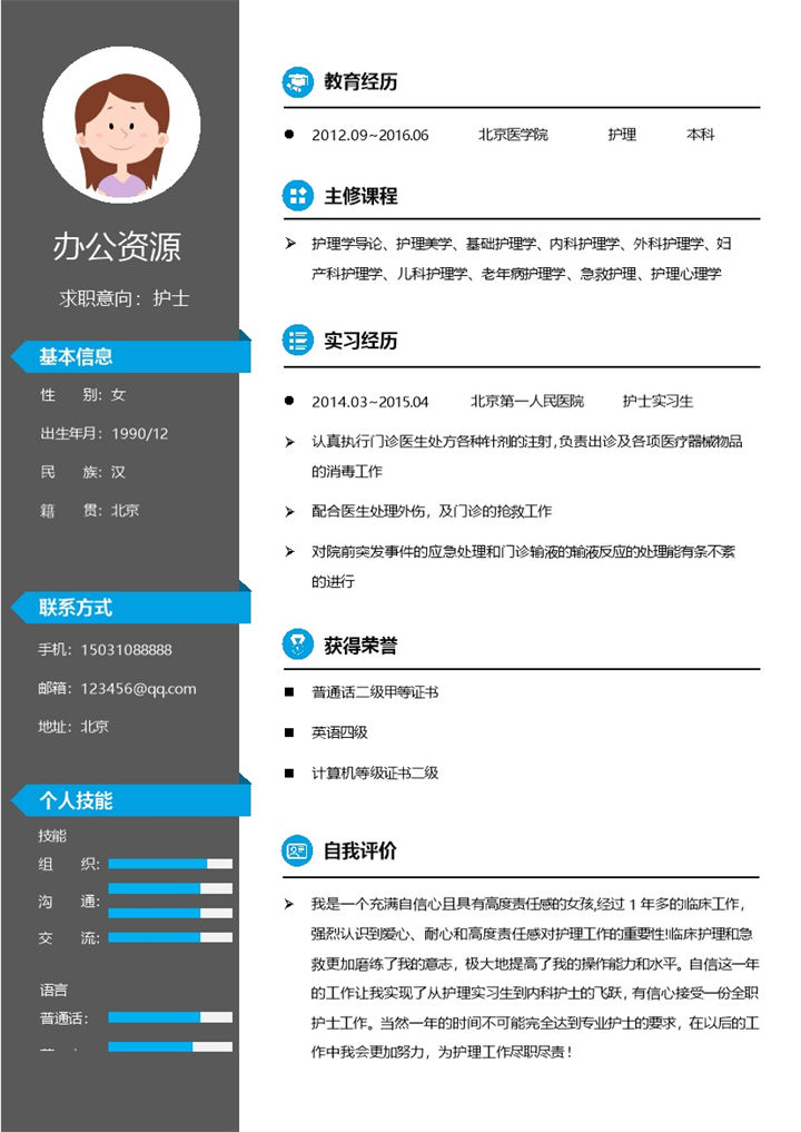 灰色大气护士护理方面求职简历Word模板-办公资源网