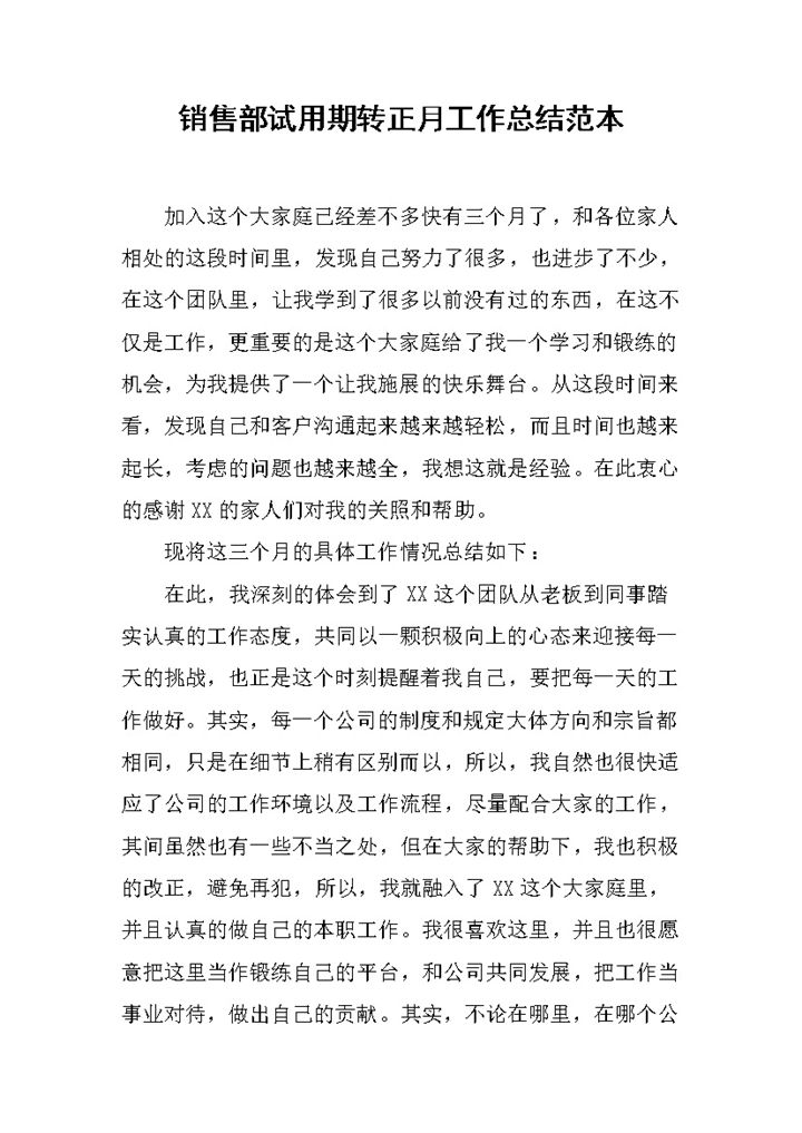 销售部试用期转正月工作年终总结范本Word模板-办公资源网