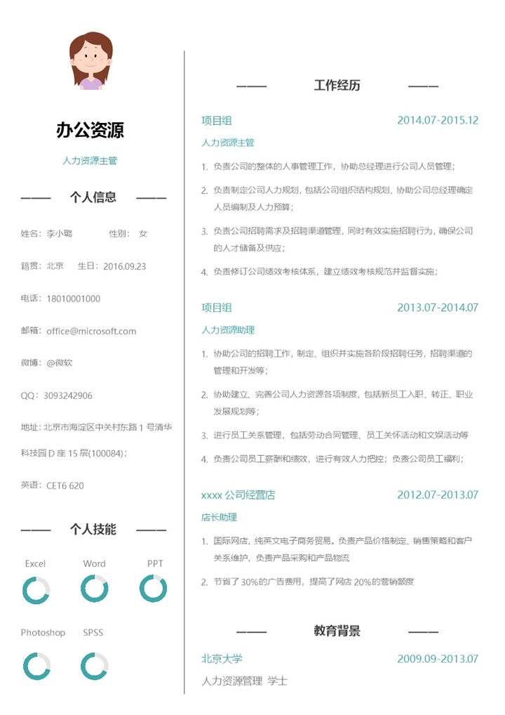 白色简洁大气人力资源主管方面求职Word模板-办公资源网