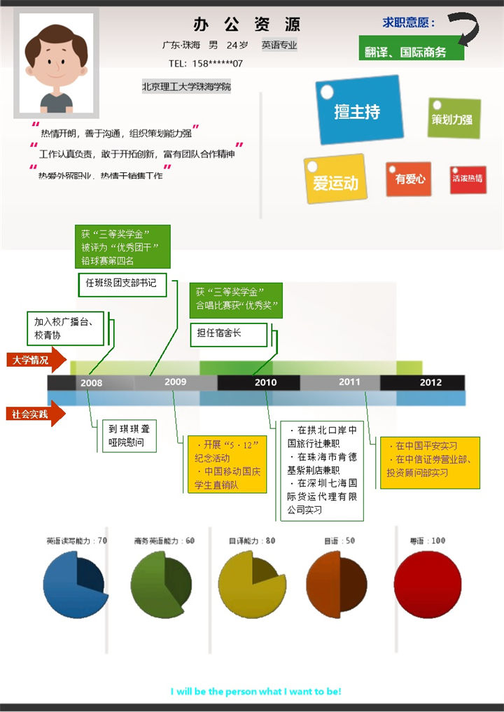 时间轴个人简历应聘翻译岗位word简历模板-办公资源网