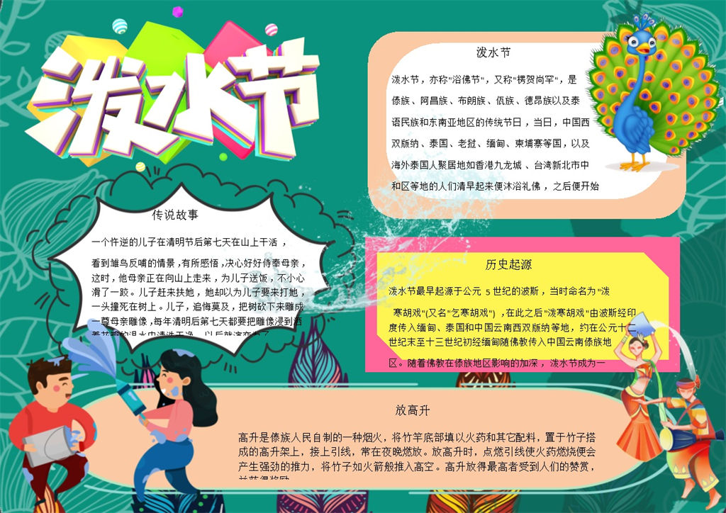 绿色泼水节活动宣传手抄报Word模板-办公资源网