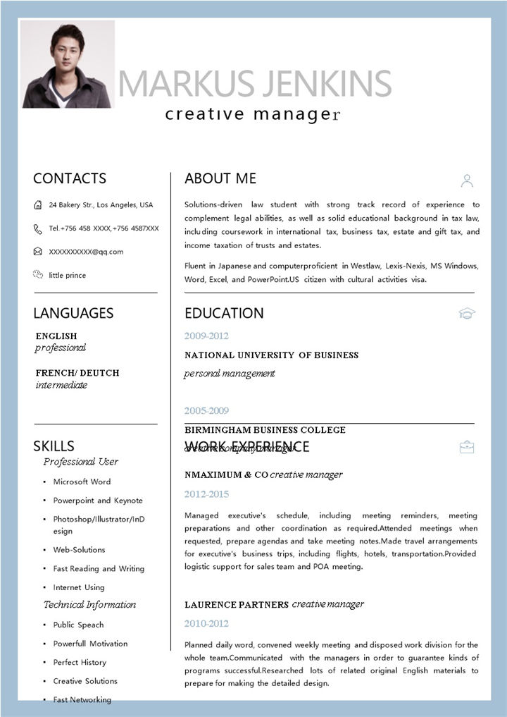 白色简约风格广告创意经理英文简历Word模板-办公资源网