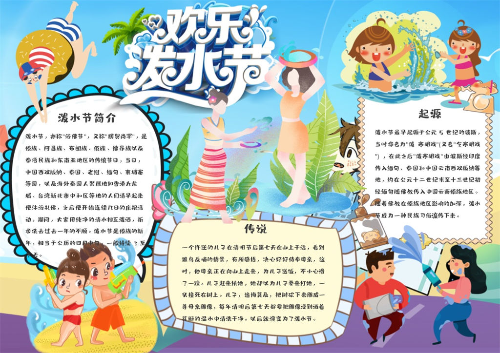 泼水节欢乐快乐活动宣传手抄报Word模板-办公资源网