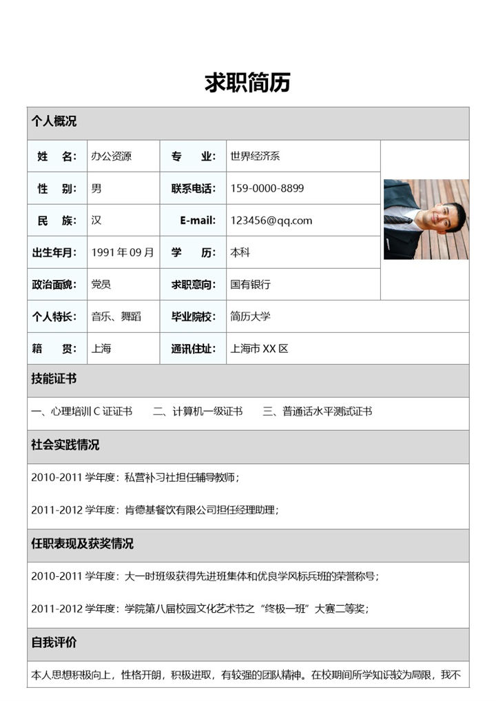 银行相关工作个人求职简历Word模板-办公资源网