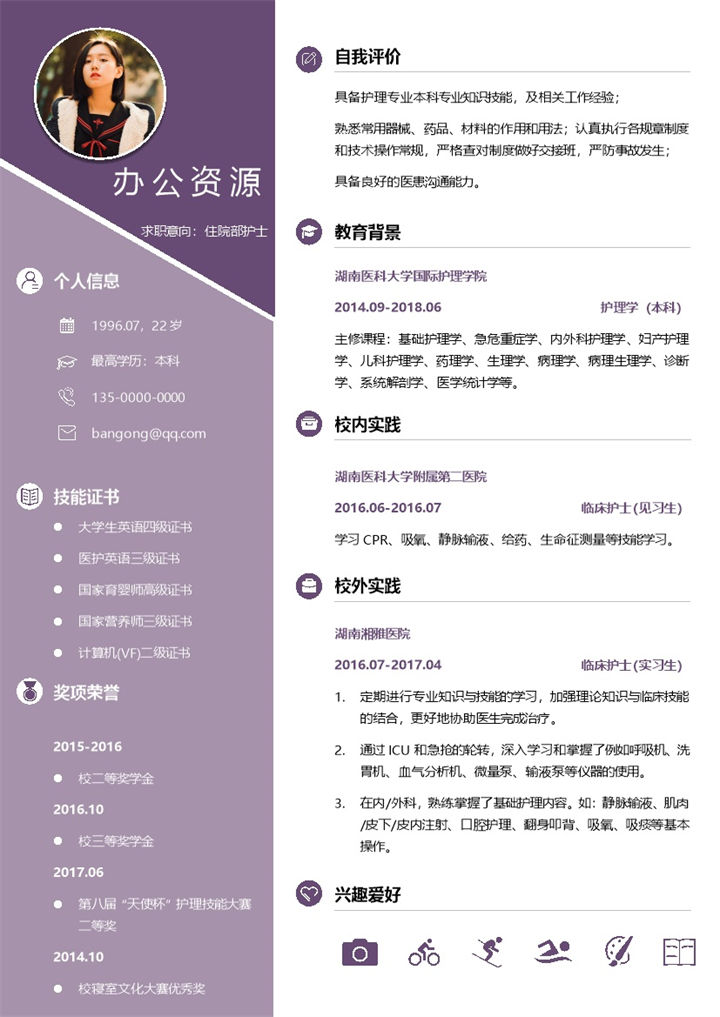 紫色简约清新护士求职应聘简历Word模板-办公资源网