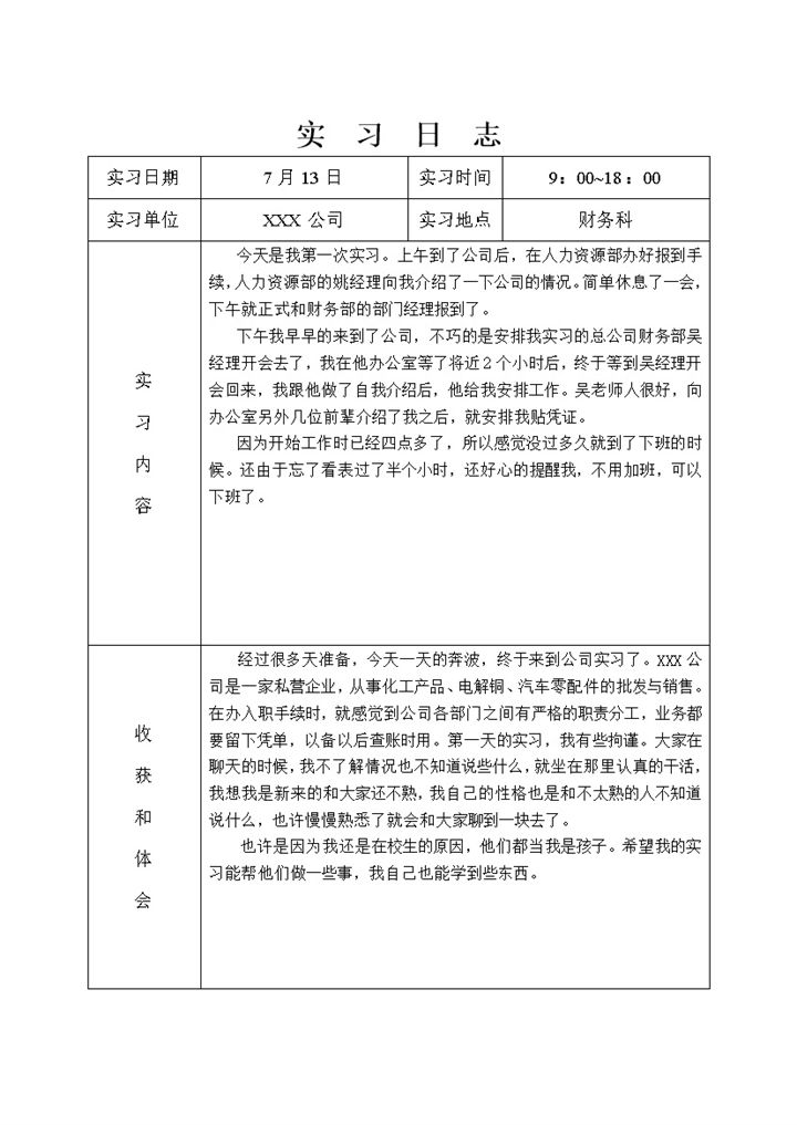 某公司财务科实习日记会计学专业实习日志范本Word模板-办公资源网