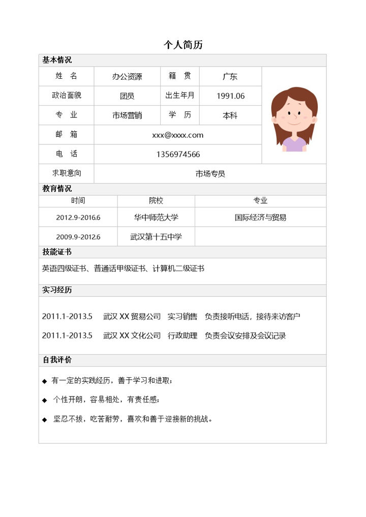 简单白色表格市场销售电话销售求职简历Word模板-办公资源网