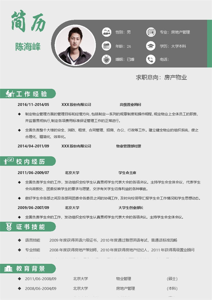 灰色商务风格房产物业个人应聘简历Word模板-办公资源网