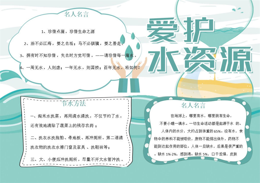 绿色简约爱护水资源手抄报Word模板-办公资源网