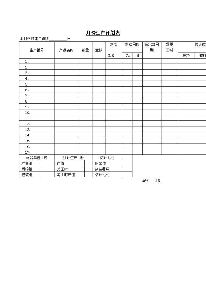 月份生产计划表word模板-办公资源网