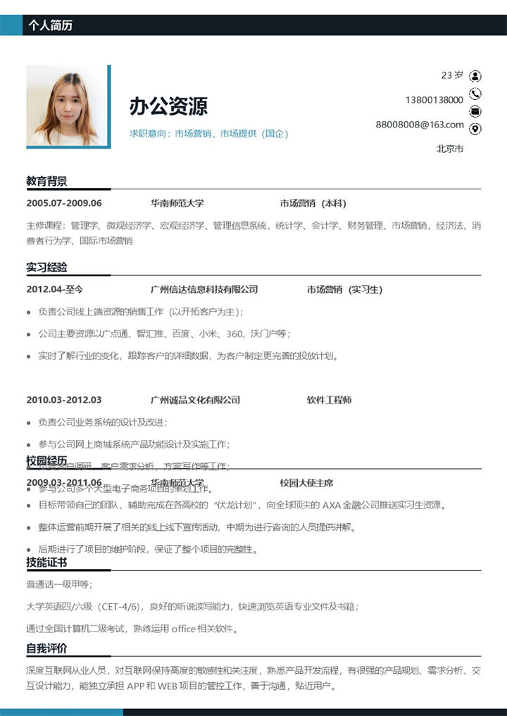 中文版市场推广个人word简历模板-办公资源网