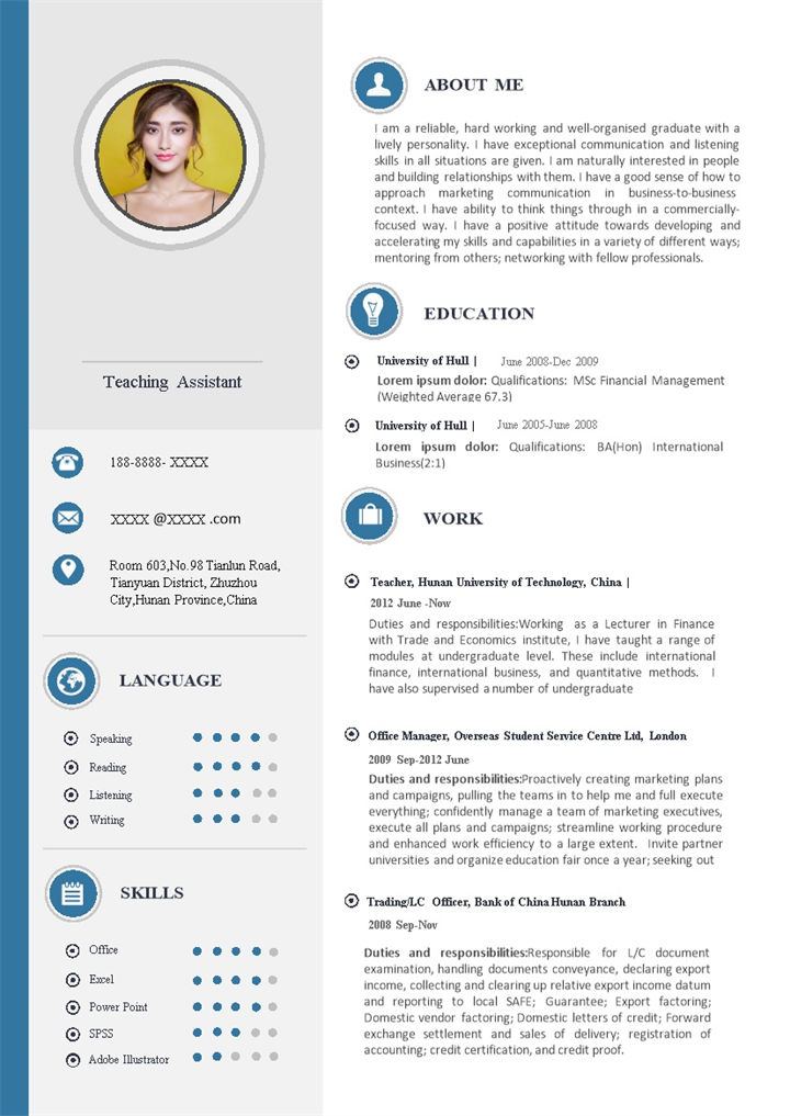 蓝色商务风格大学助教岗位个人求职英文简历Word模板-办公资源网