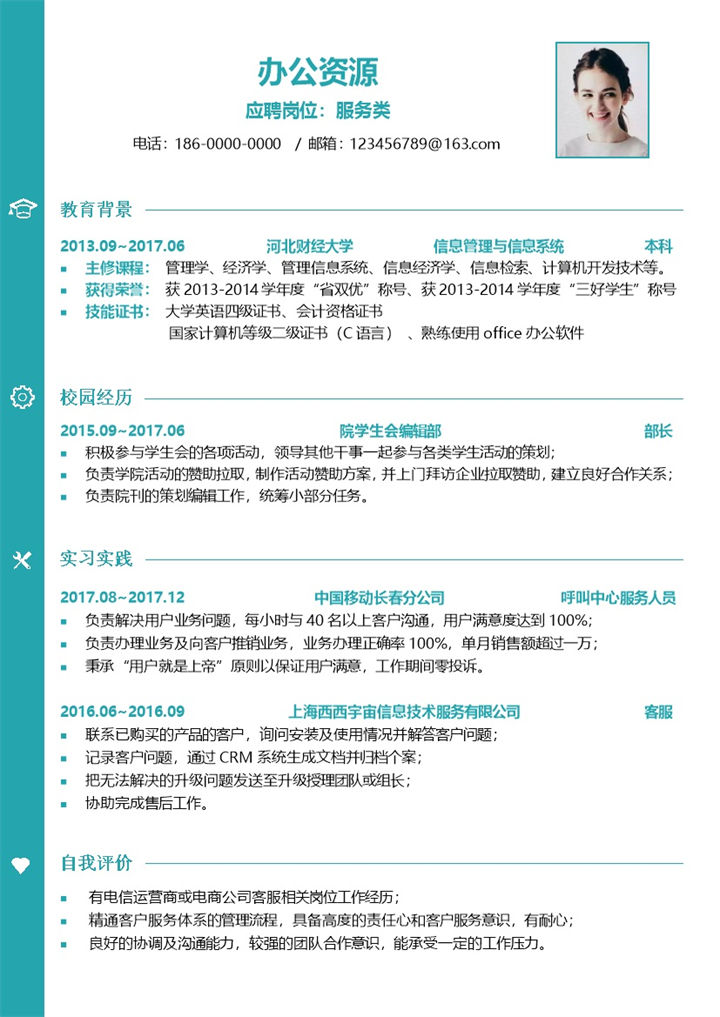 绿色简约服务类岗位应聘面试个人简历Word模板-办公资源网