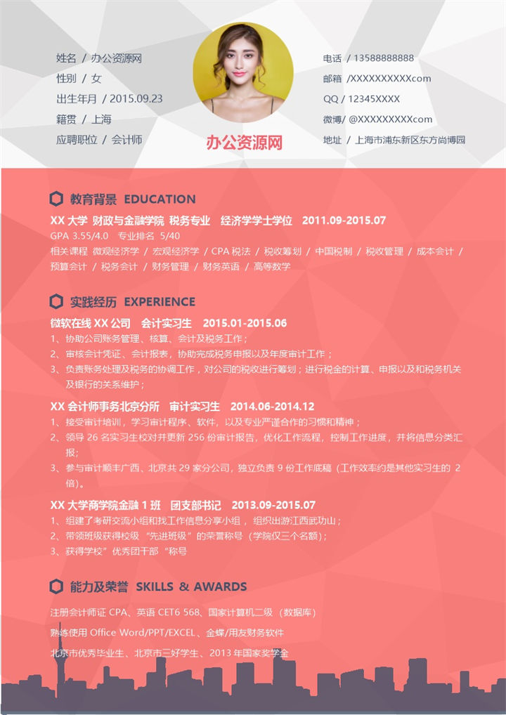 微粒体会计师岗位个人求职简历Word模板-办公资源网