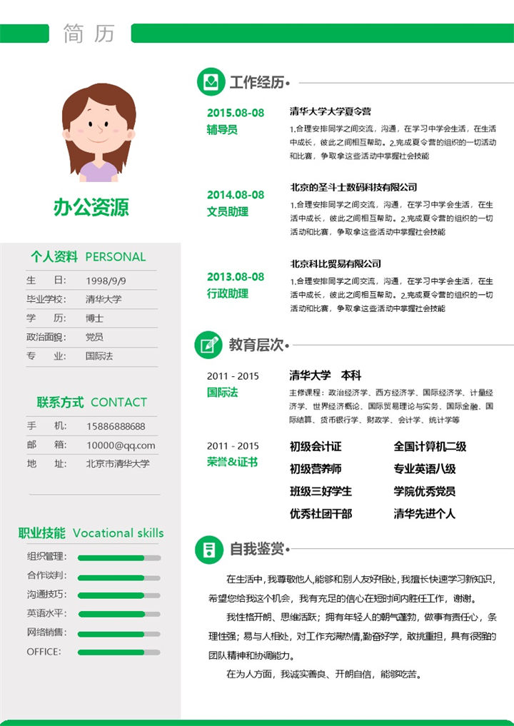 绿色简约word应聘市场推广职位求职简历模板-办公资源网