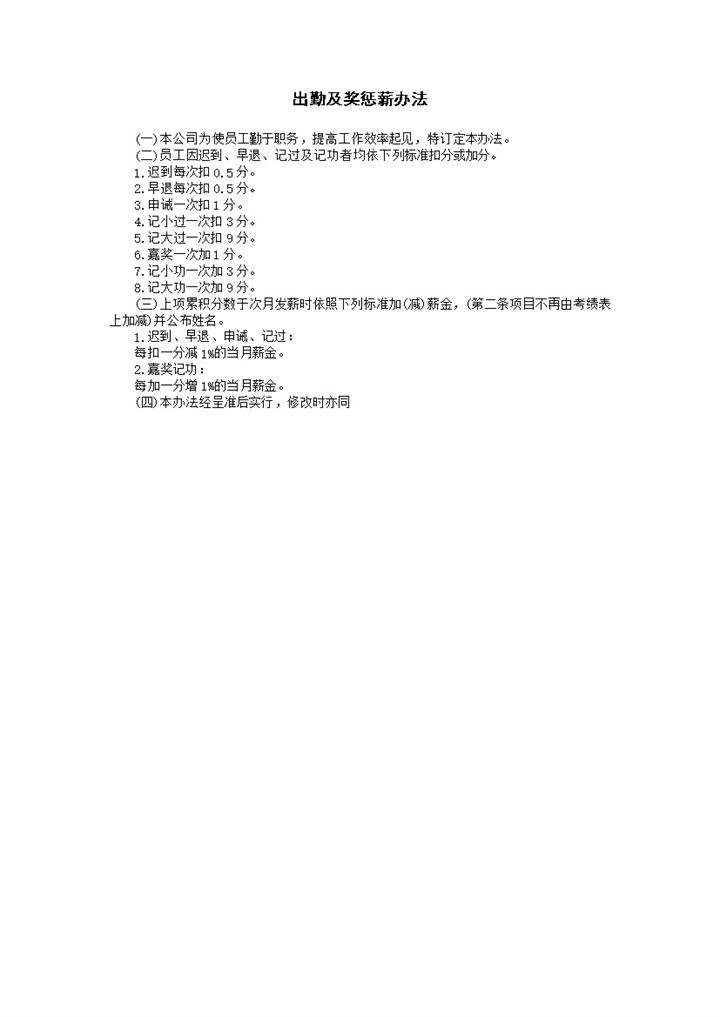 公司员工出勤及奖惩薪办法Word模板-办公资源网