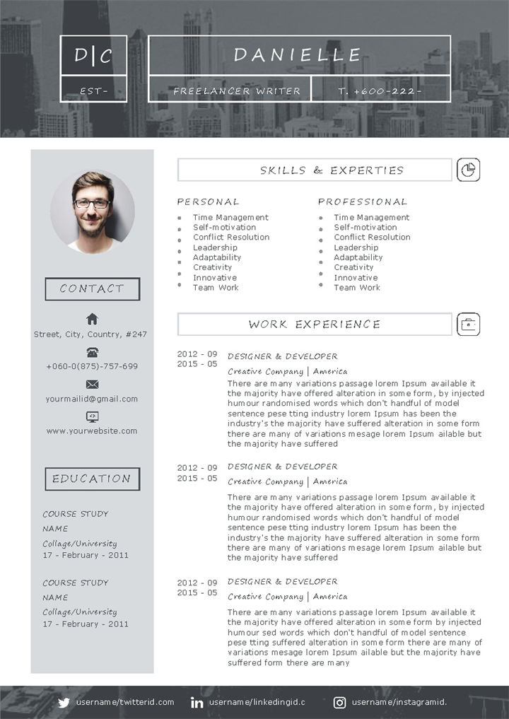 简约大气英文简历自由撰稿人作家通用个人简历求职简历Word模板-办公资源网