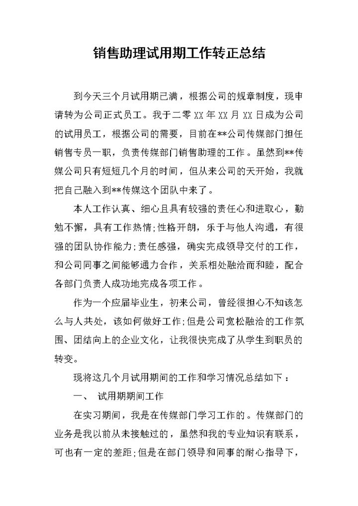 销售助理试用期工作转正年终总结Word模板-办公资源网