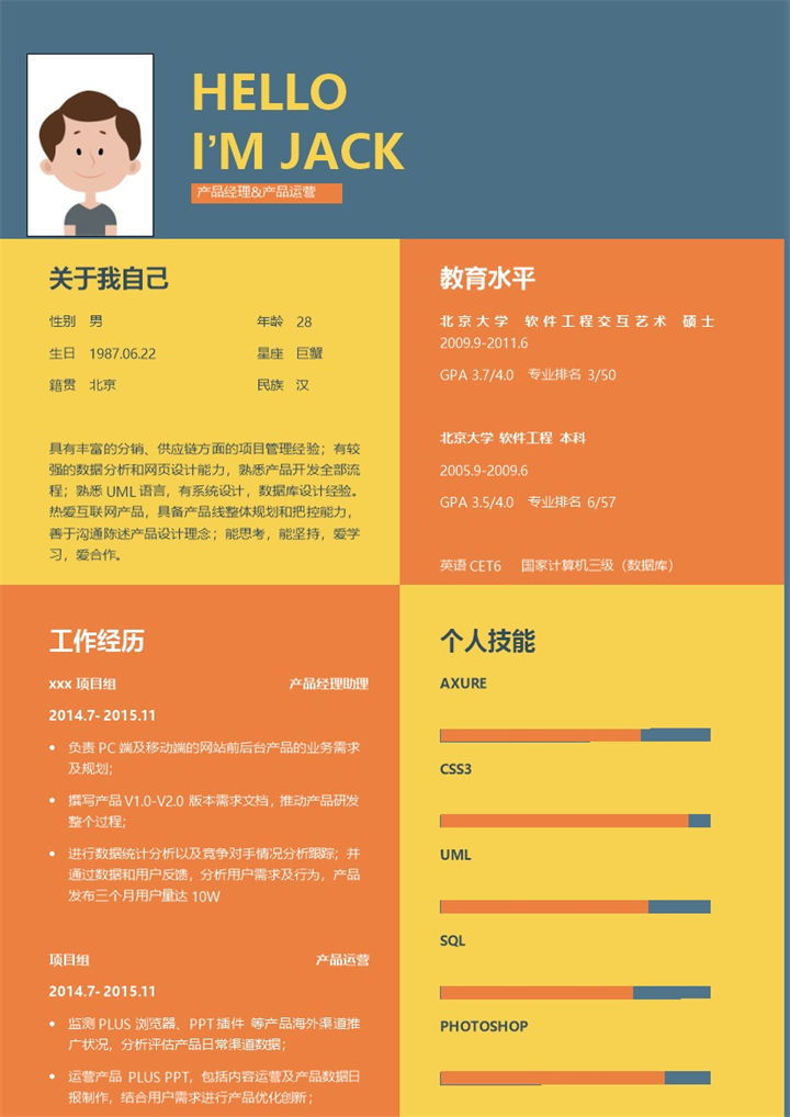 彩色方块组成产品运营管理求职简历Word模板-办公资源网